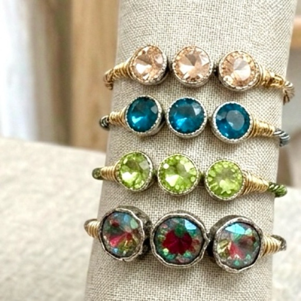 Boho Wire Wrapped 3 Stone Bracelets, in Iridescent, Blue, Green & Pink